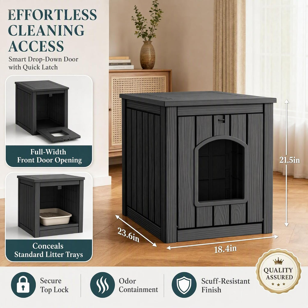 Cat House Outdoor Indoor Use, Weatherproof Cat Box Enclosure, Black