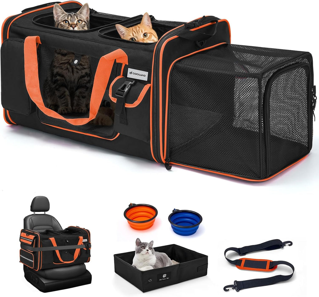 Odoland Expandable Cat Carrier for 2 Cats with Litter Box, Large Soft Sided