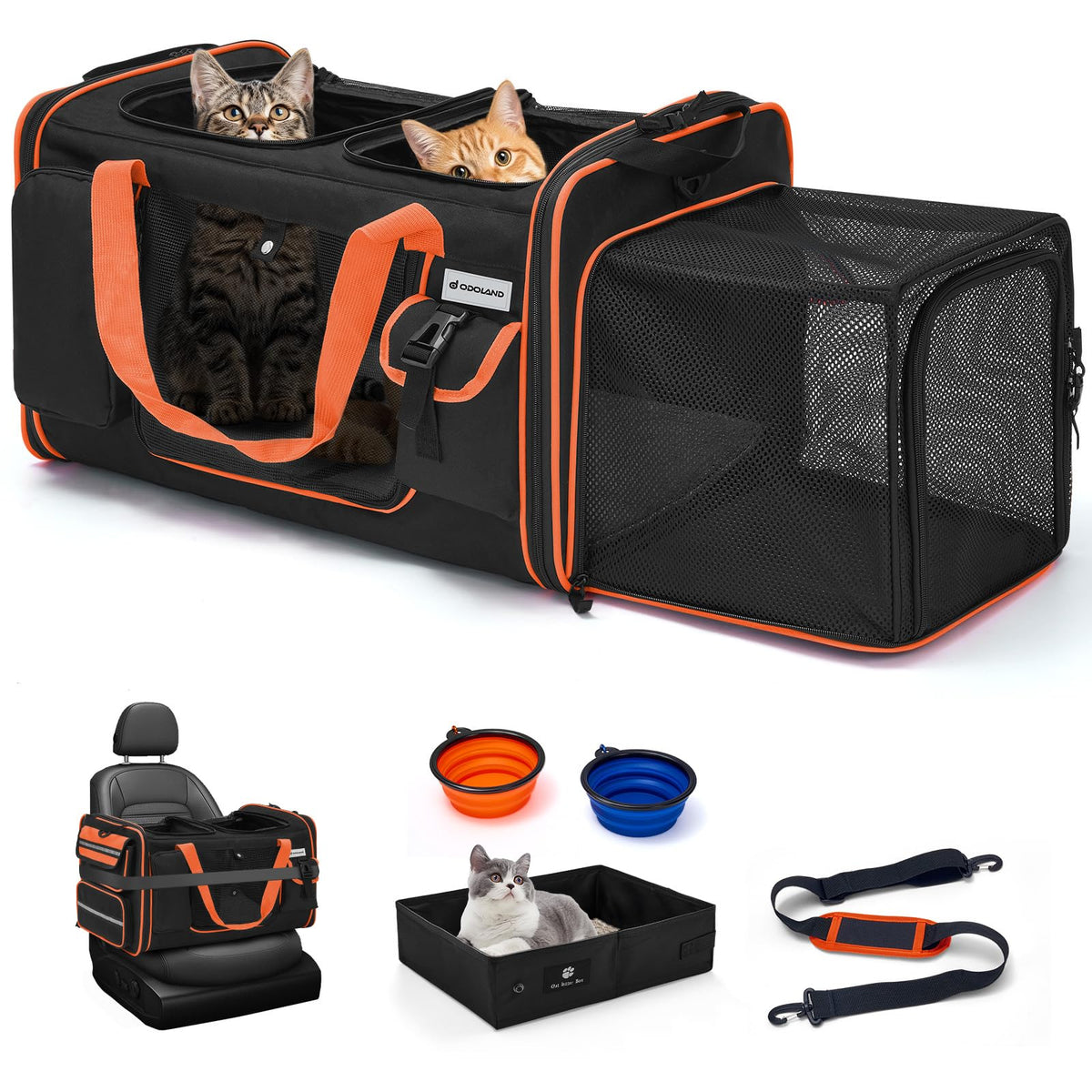Odoland Expandable Cat Carrier for 2 Cats with Litter Box, Large Soft Sided