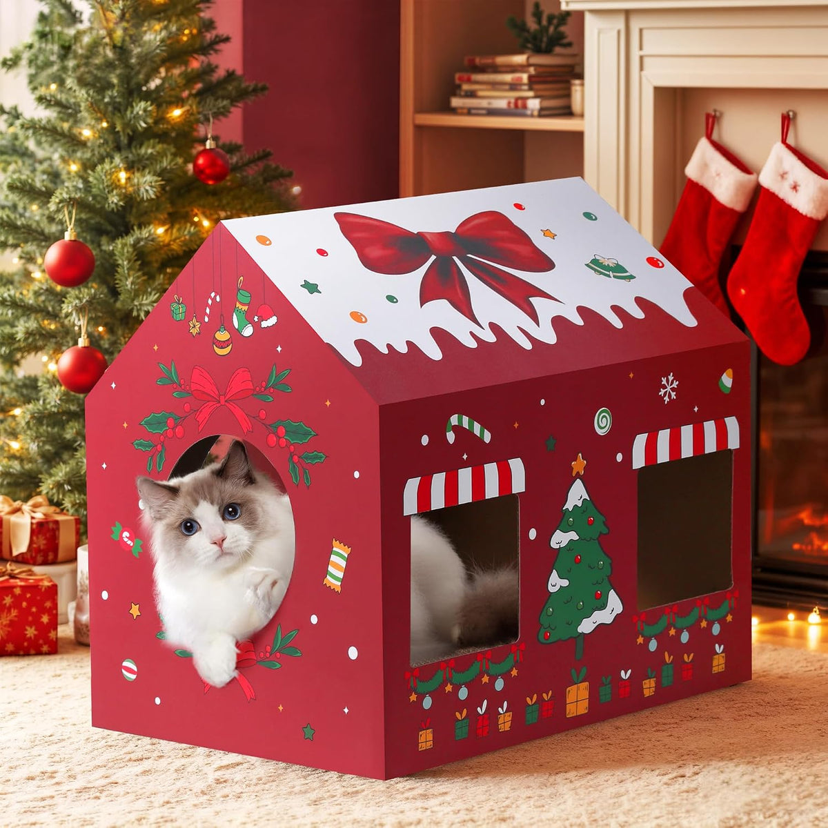 WESTERN HOME Christmas Cardboard Cat House, Indoor Cat Scratcher House