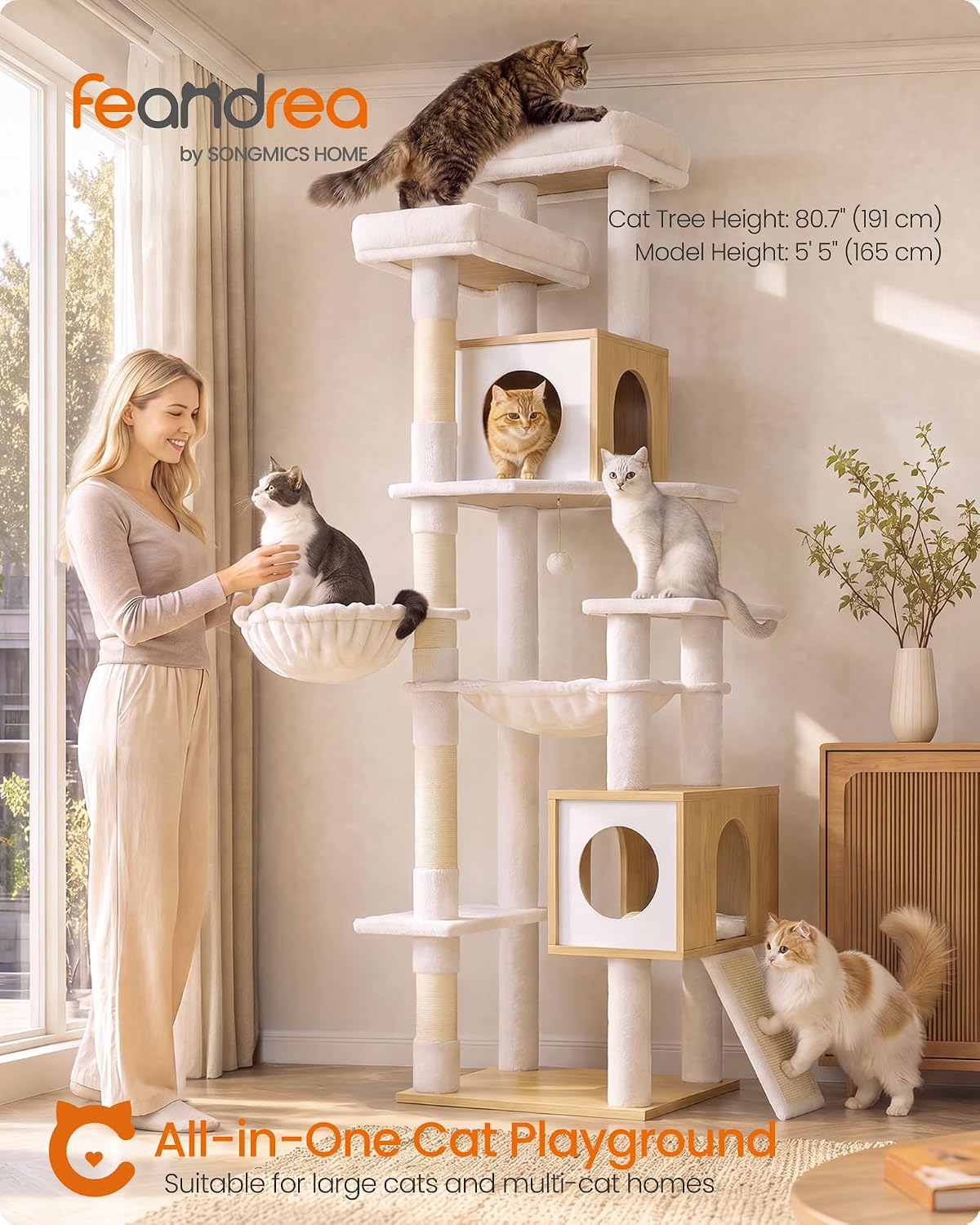 Feandrea Tall Cat Tree, 8-Tier Wood Tower with 2 Condos, Scratching Post