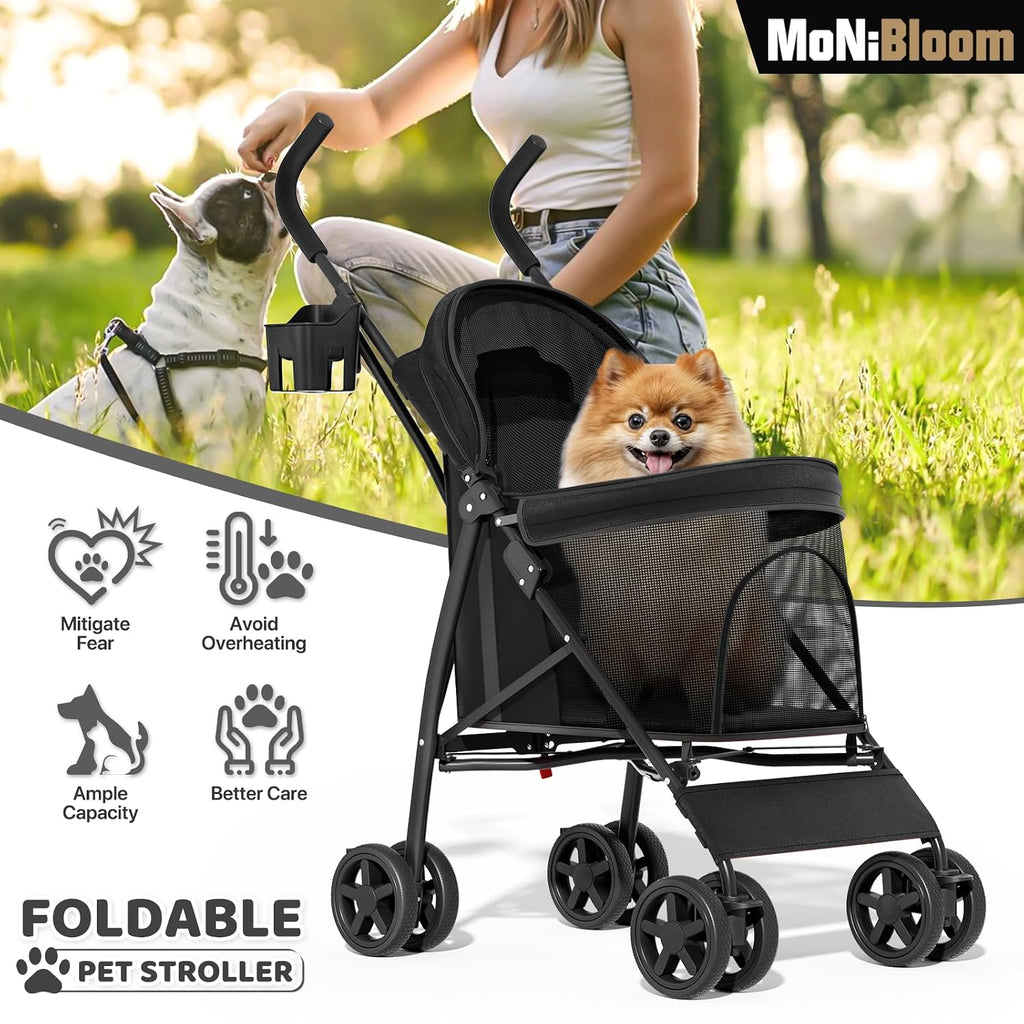 MoNiBloom Pet Stroller for Small/Medium Dogs and Cats up to 22 lbs, Black