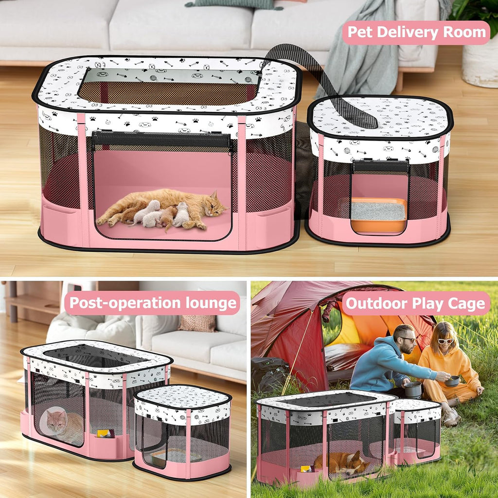 Portable Cat Playpen with Litter Box Area, Foldable Pet Dog Playpen