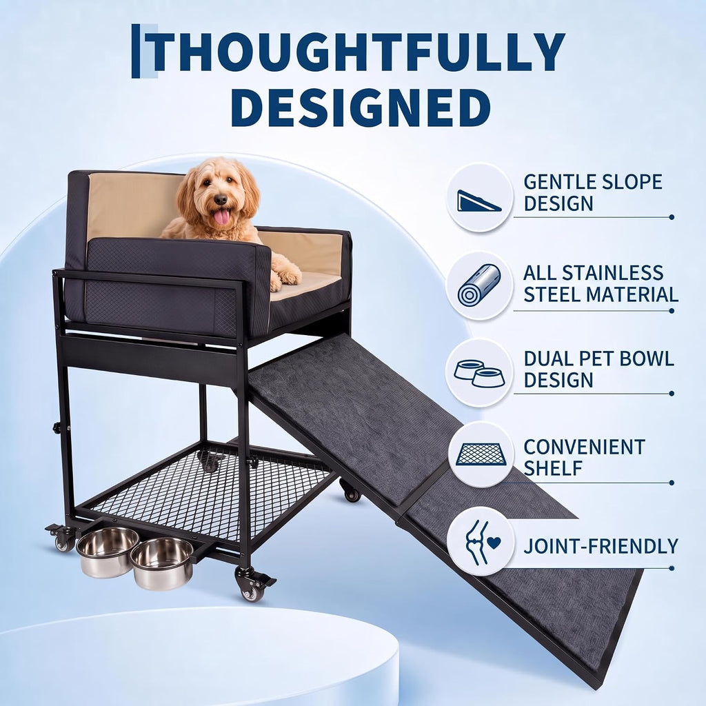 GarveeLife Pet Stairs Ramp Pet Window Perch with Bowls & Storage, Rolling