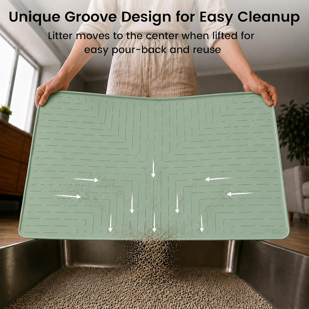 OHMO Large Cat Litter Mat, 31.5x23.6" Silicone Trapping Mat Sage Green