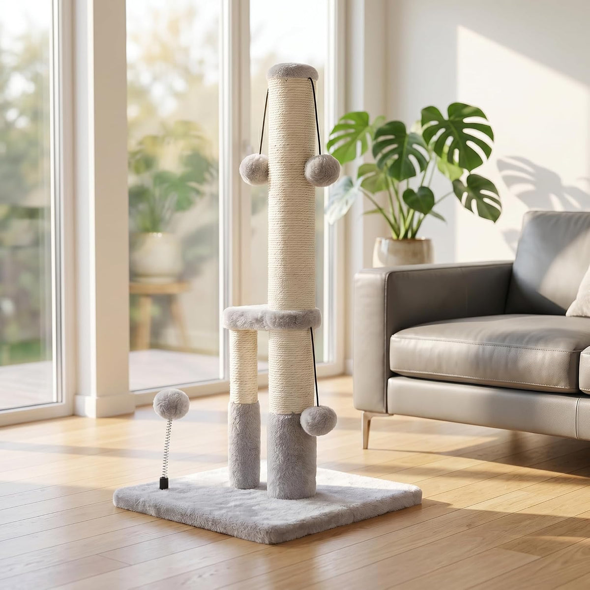 Dimaka Tall Cat Scratching Post, Double Lower Posts Extra Stable Cat Post Tree Scratcher with Sisal Rope and Teasing 4 B