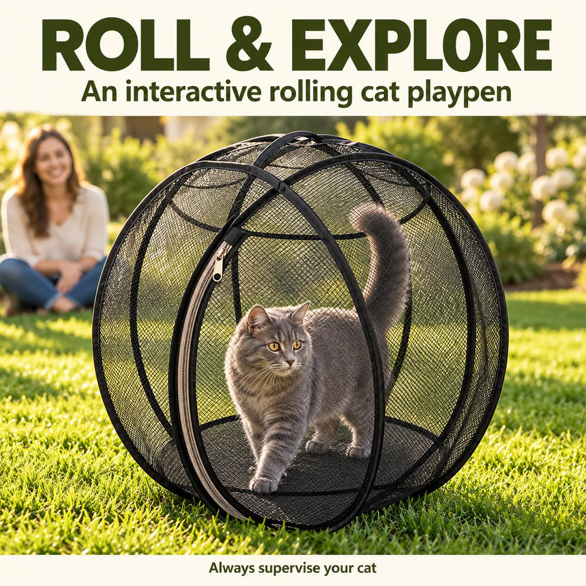 Outdoor Cat Enclosure, 27" Rolling Cat Playpen with Breathable Mesh