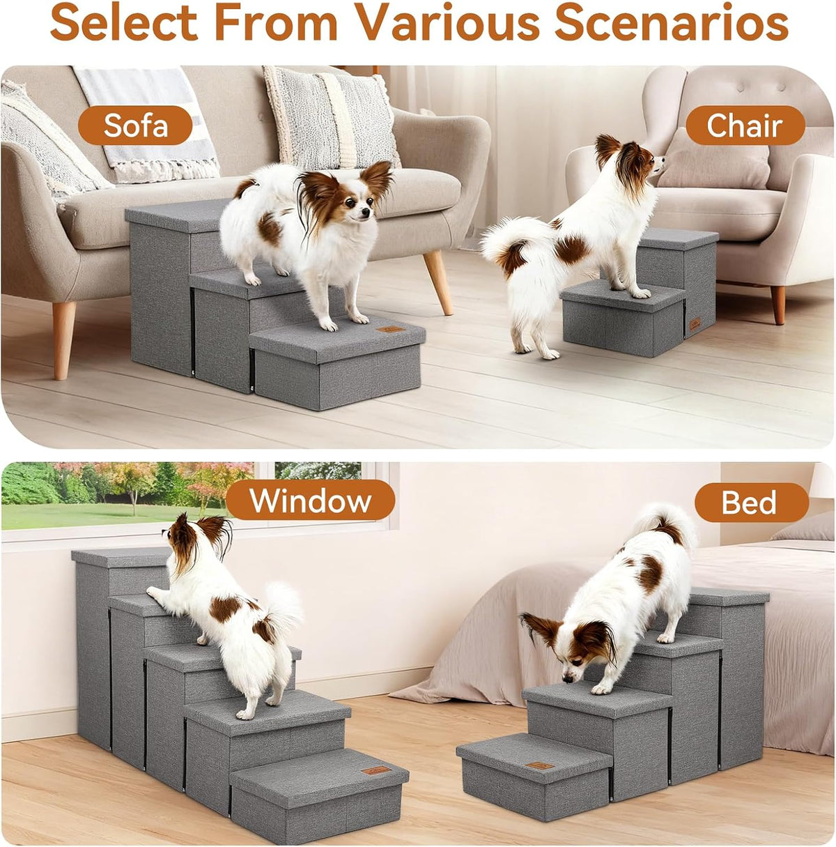 Zerbuger 3 Step Dog Stairs with Storage, 18" High Folding Pet Steps, Grey