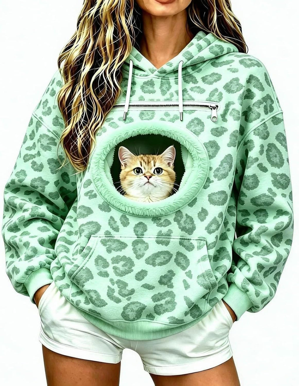 Womens Leopard Print Hoodie - Pet Pouch, Cat Dog Carrier, Kangaroo Pocket