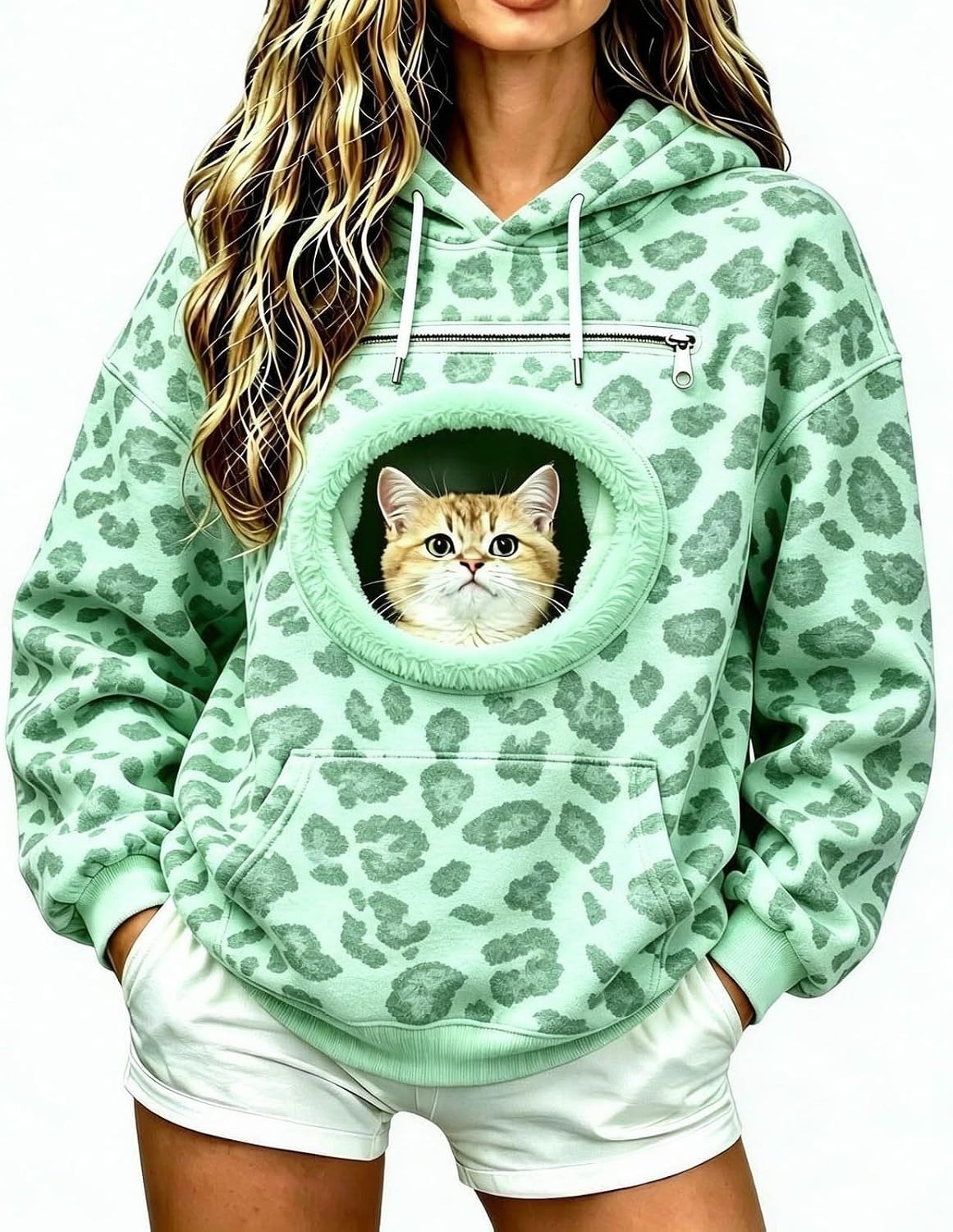 Womens Leopard Print Hoodie - Pet Pouch, Cat Dog Carrier, Kangaroo Pocket
