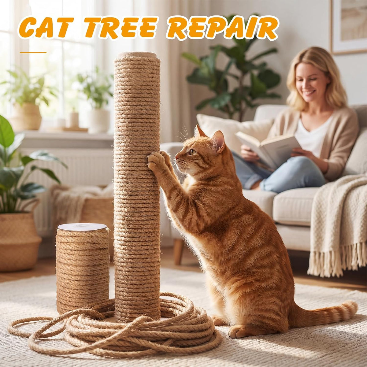Natural Sisal Rope for Cat Scratcher Post, 5/16" x 60 Ft Twine for Cat Tree