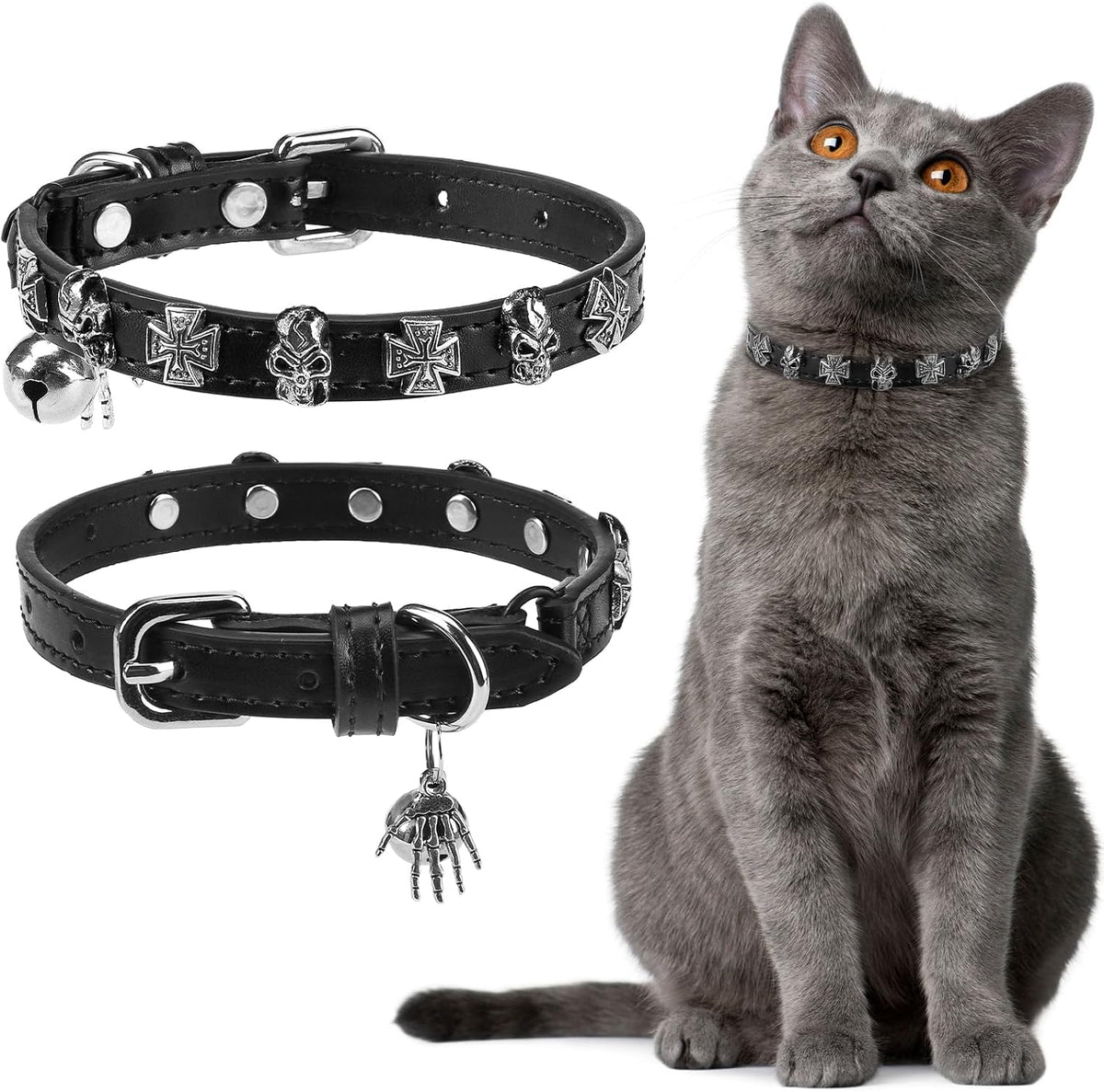 Leather Cat Collar for Girl Boy Cats,Black(Skull)