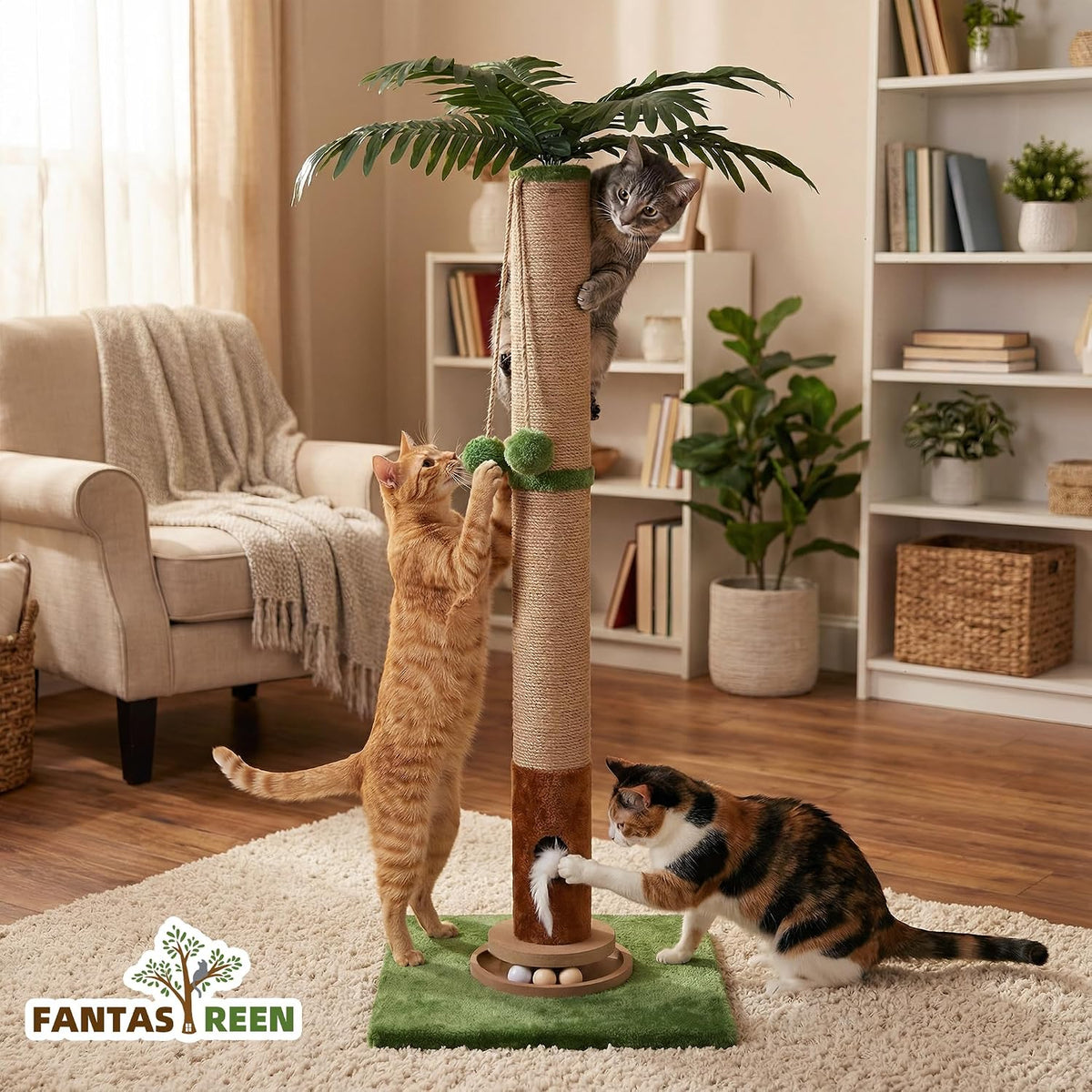 Cat Scratching Post 35'' Tall with Toy Mouse for Indoor Cats, Green