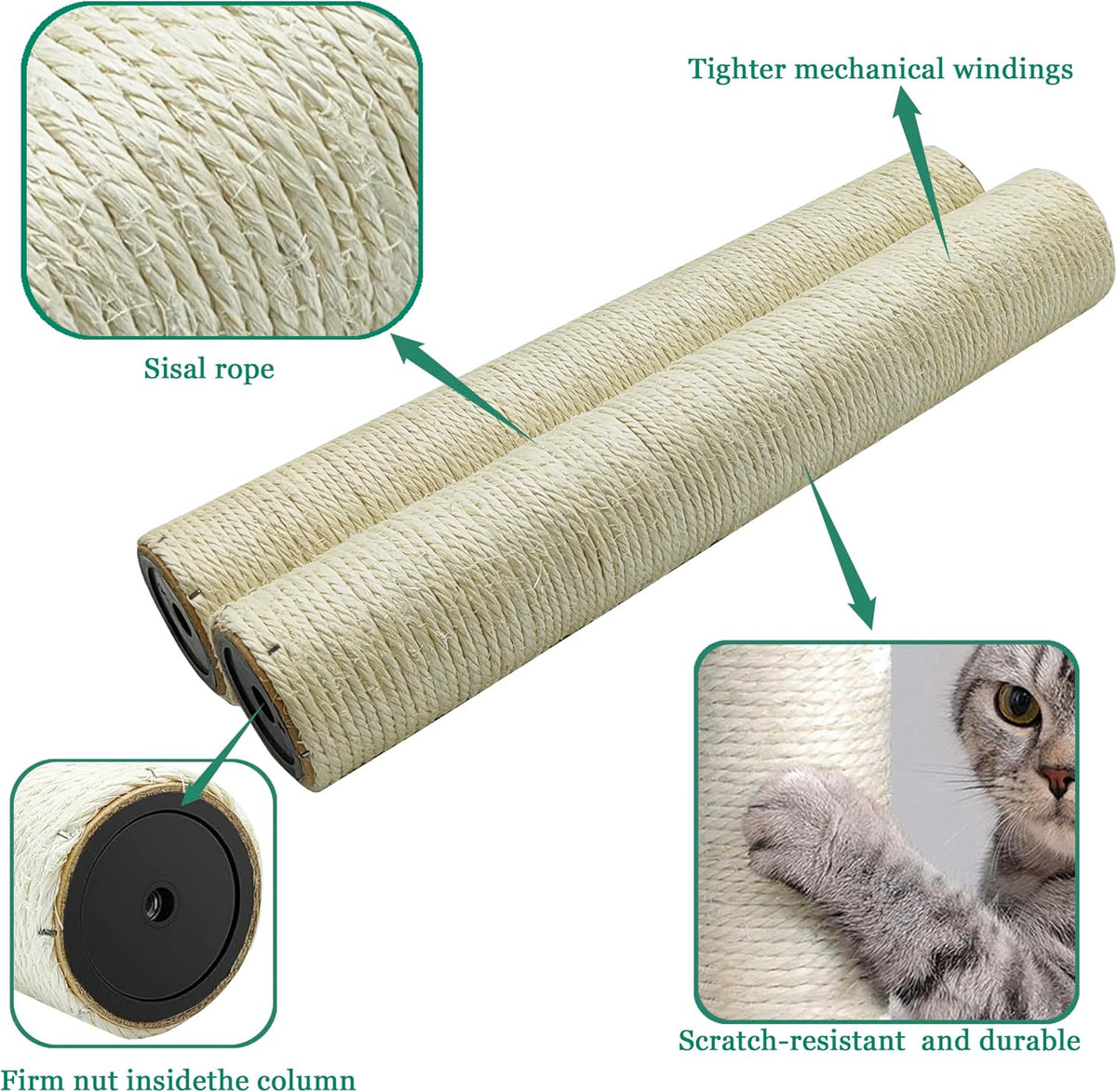 Cat Scratching Post Replacement Pole, 2 PCS 15.7in Cat Tree Replacement Post, Natural Sisal Cat Tree Replacement Parts w