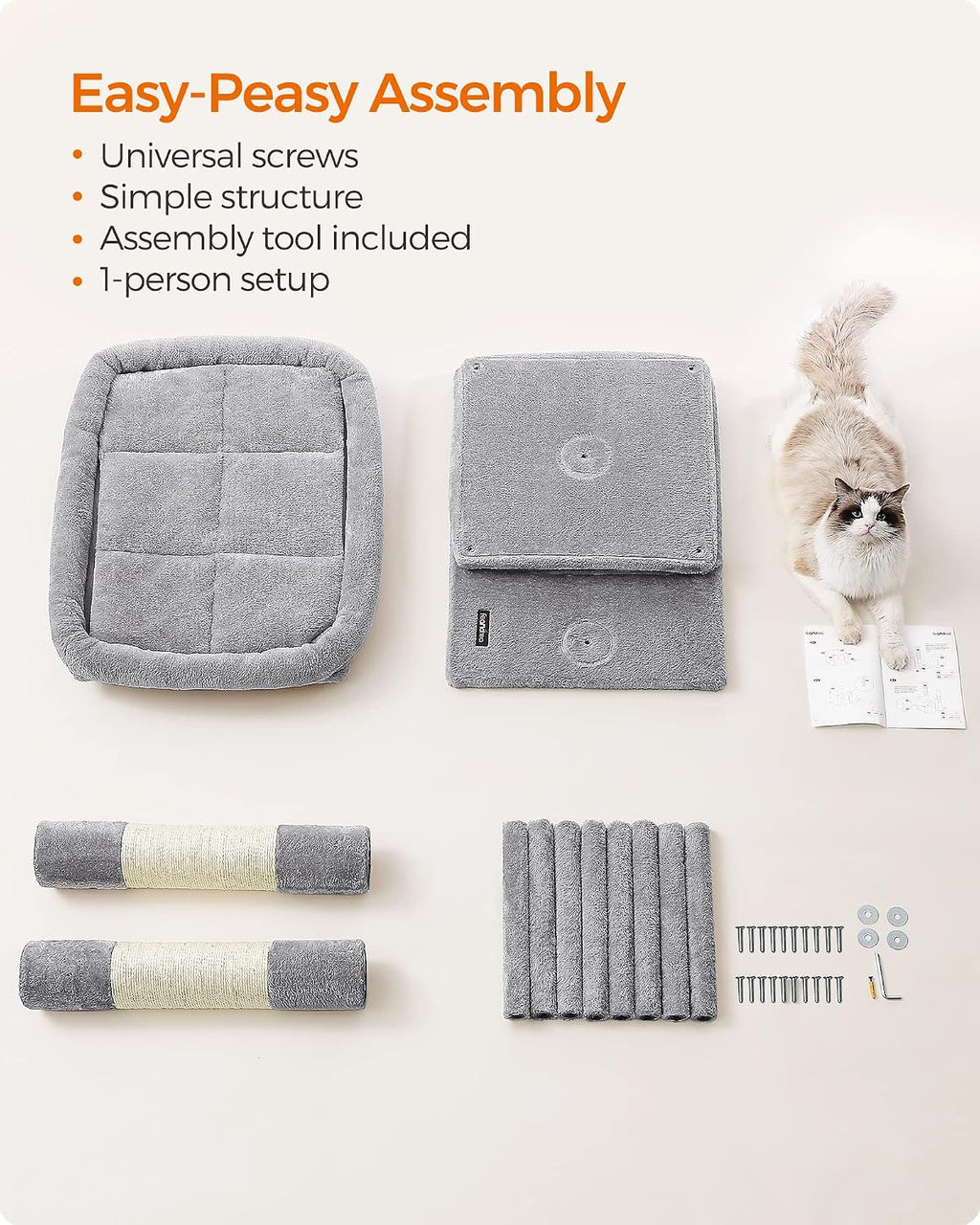 Feandrea Cat Tree, 40.6-Inch Tall Cat Tower, Cute Plush Condo, Light Gray