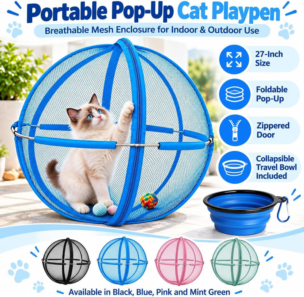 Outdoor Cat Playpen, 27-Inch Pop-Up Mesh Enclosure with Travel Bowl