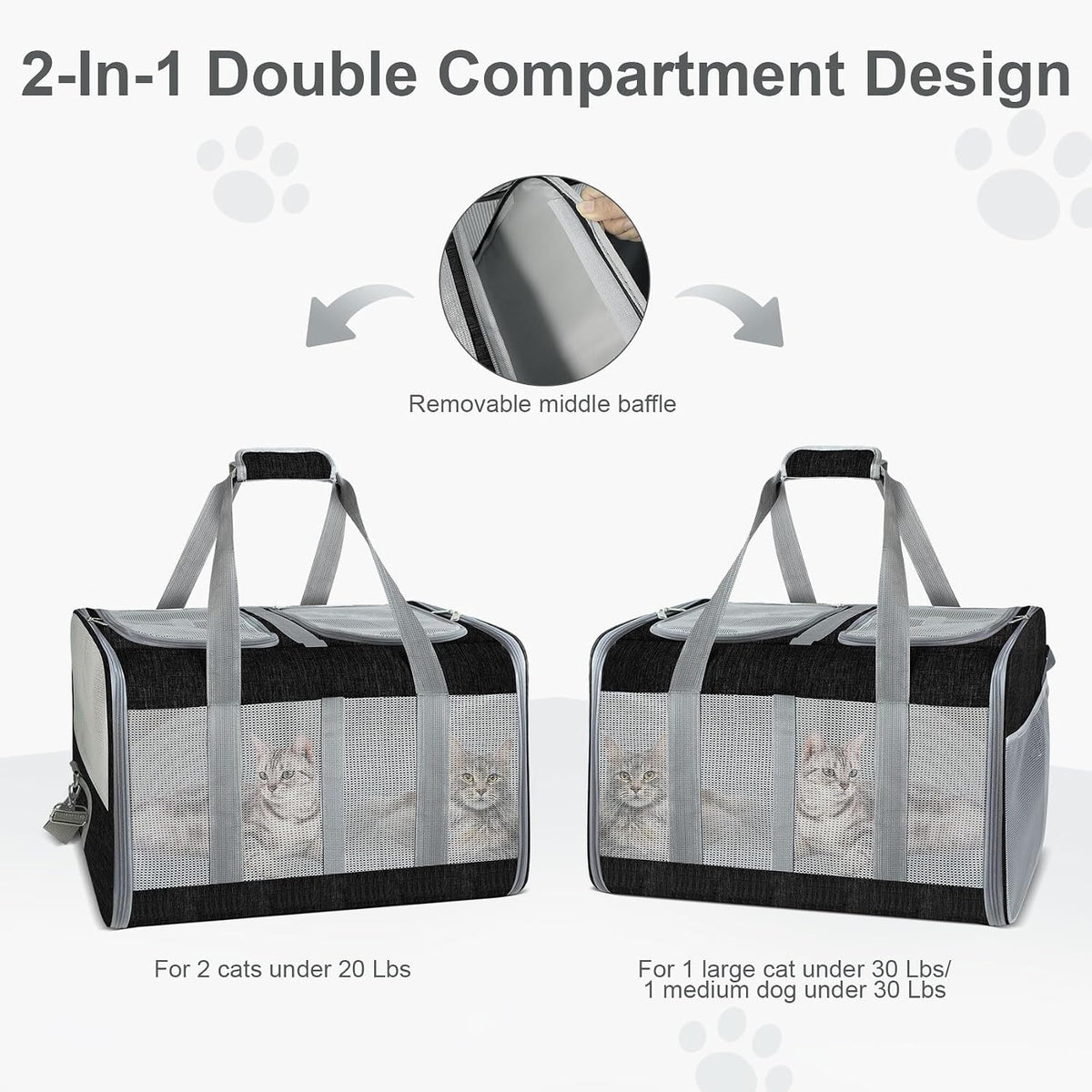 Soft-Sided Cat Carrier for 2 Cats, Gray, Breathable Mesh Design, Airline Approved Travel Bag for Small to Large Cats, Ex