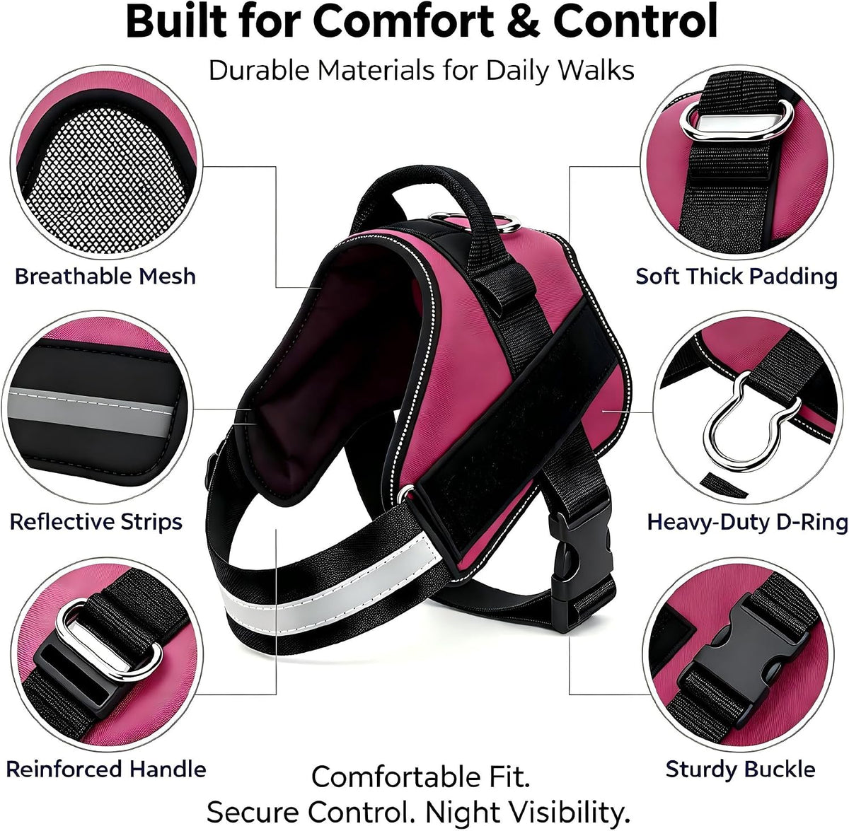 Dogshood No-Pull Harness Front Clip Easy On-Off Reflective (Rose Red,S)