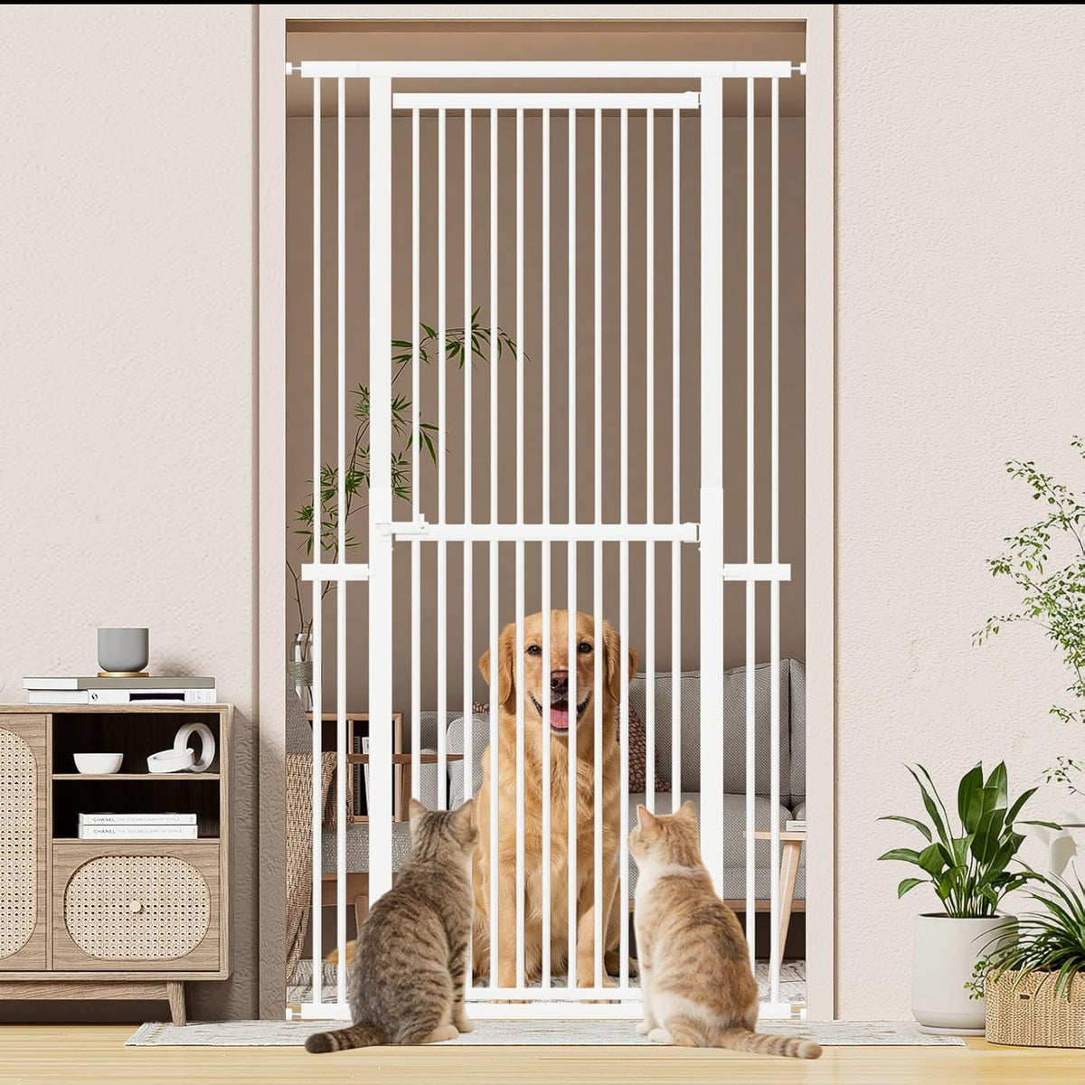 51"-87" Extra Tall Pet Gate for Cats, 29.5"-40.5" Wide Pressure Mounted No-Drilling Safety Dog Gate, Metal Walk-Thru Bar