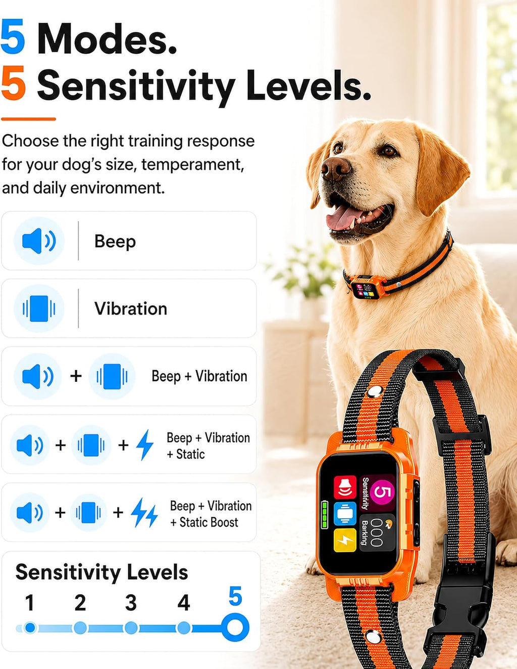 New Upgrade Dog Bark Collar for Large Medium Small Dogs, Smart Rechargeable Anti Barking Collar with Beep and Vibration,