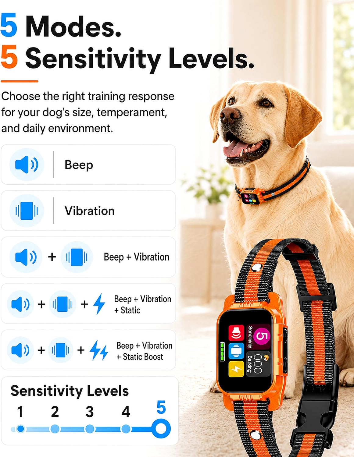 New Upgrade Dog Bark Collar for Large Medium Small Dogs, Smart Rechargeable Anti Barking Collar with Beep and Vibration,
