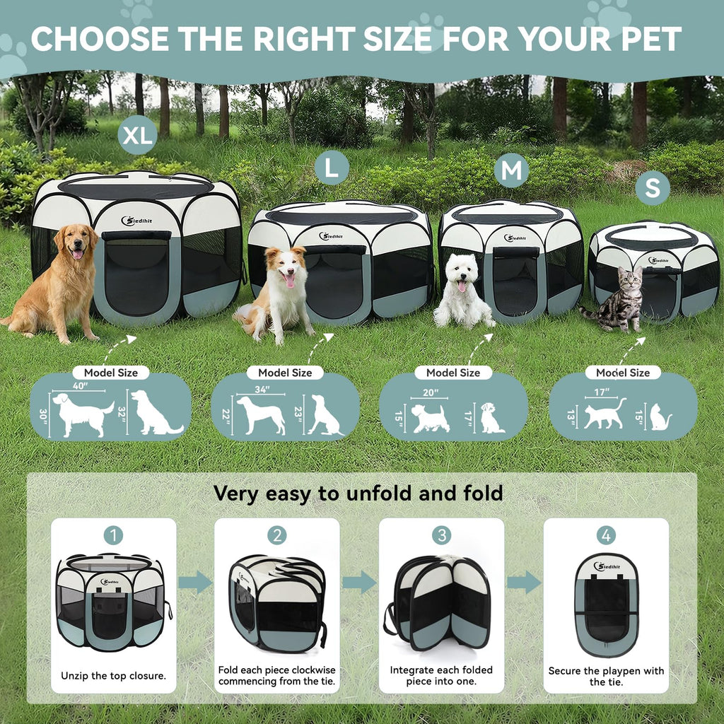 Siedihit Dog Cat Playpen, Puppy Pet Playpen Indoor for Small Dog Crate Tent Cage Outdoor, Portable Pop Up Dogs Enclosure Kennel with Carrying Case for Dogs/Cats/Rabbits(Grey, Small