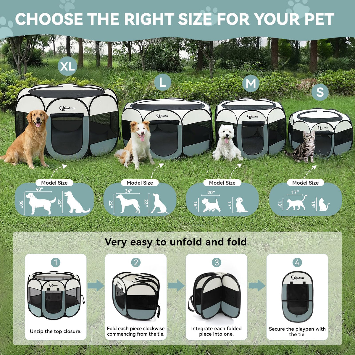 Siedihit Dog Cat Playpen, Puppy Pet Playpen Indoor for Small Dog Crate Tent Cage Outdoor, Portable Pop Up Dogs Enclosure Kennel with Carrying Case for Dogs/Cats/Rabbits(Grey, Small