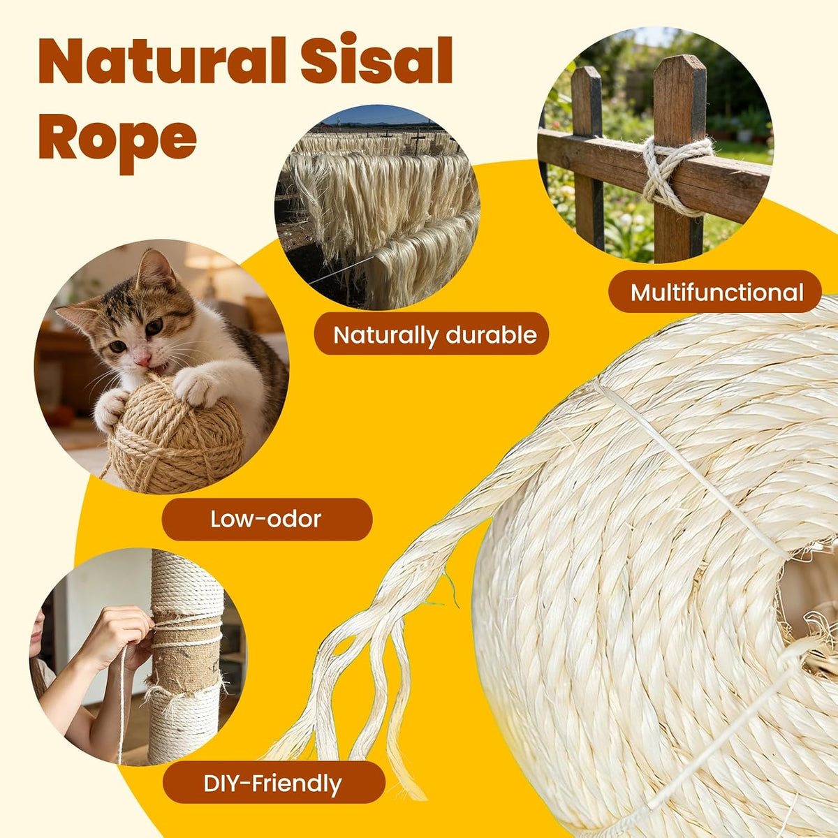 Natural Sisal Rope for Cat Tree and Scratching Post, 3/16 Inch x 100ft