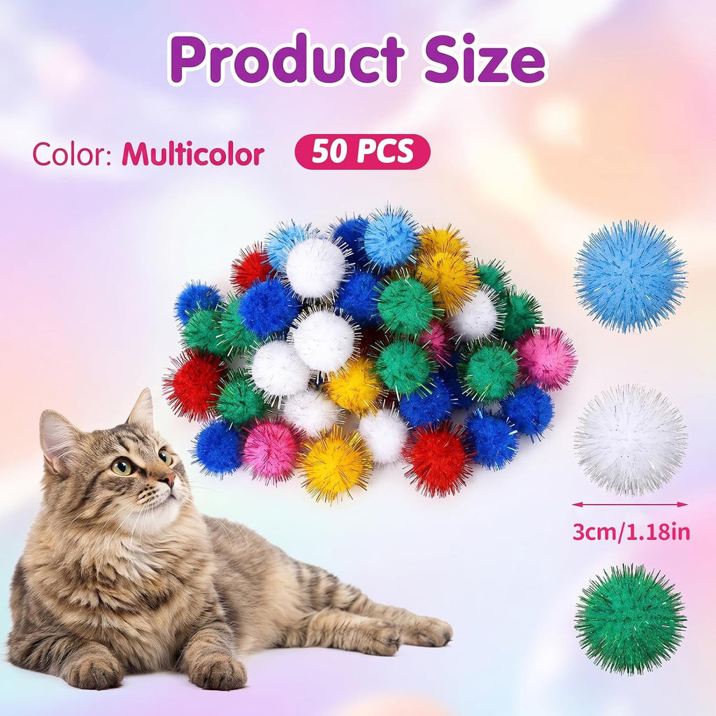 50Pcs Glitter Pom Poms,1.2Inch Cat Sparkle Balls Puff Balls for Cat