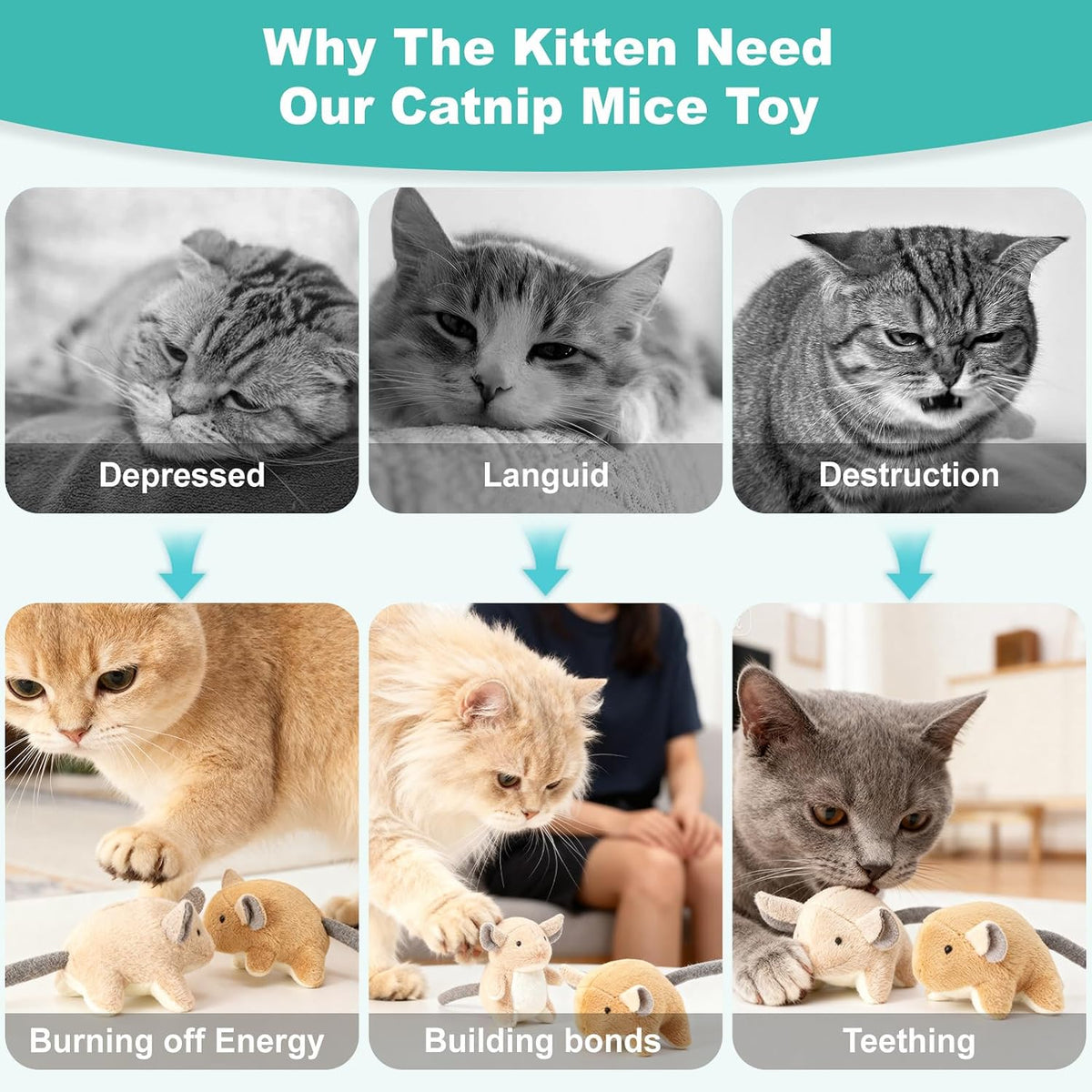 Plush Catnip Mice Toys with Rattle Sound- 2 Pcs Interactive Cat Toys for Indoor Cats, Durable Stress Relief Eco-Friendly