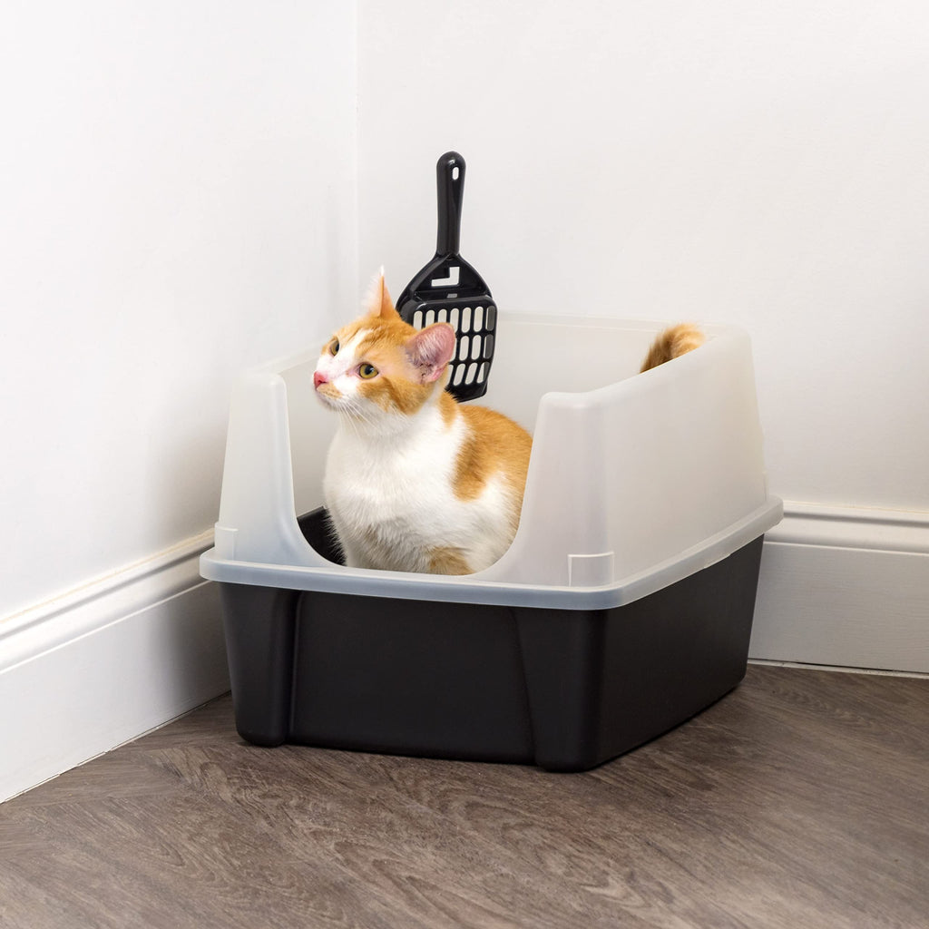 IRIS USA High Sided Cat Litter Box, Large, Scatter Shield, Black