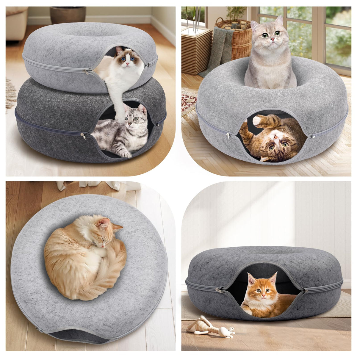 Large Peekaboo Cat Cave Donut Tunnel 24" for Indoor Cats, Dark Grey