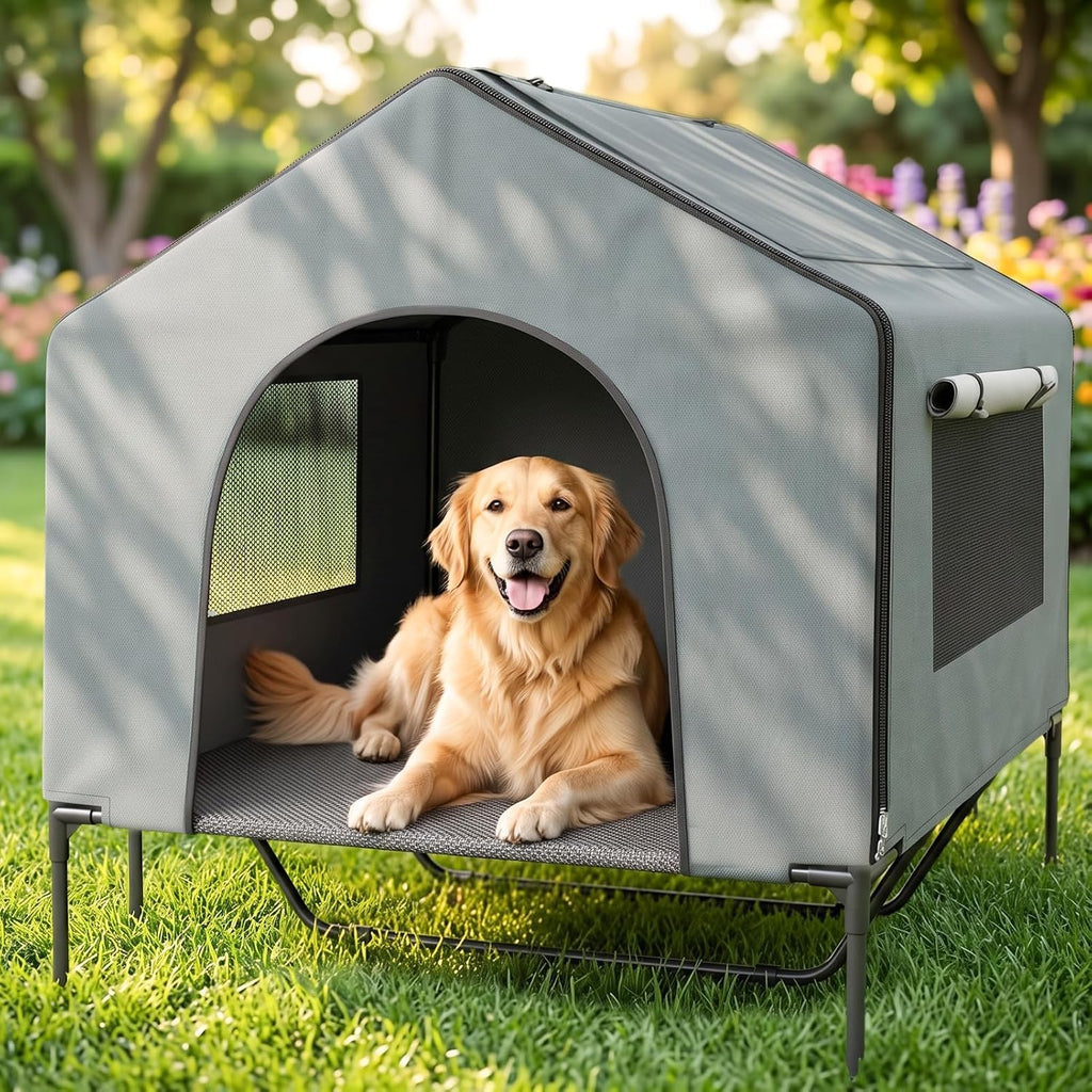 XPIY 3-in-1 Extra Large Dog House Outdoor, 43" Elevated Dog Bed with Canopy