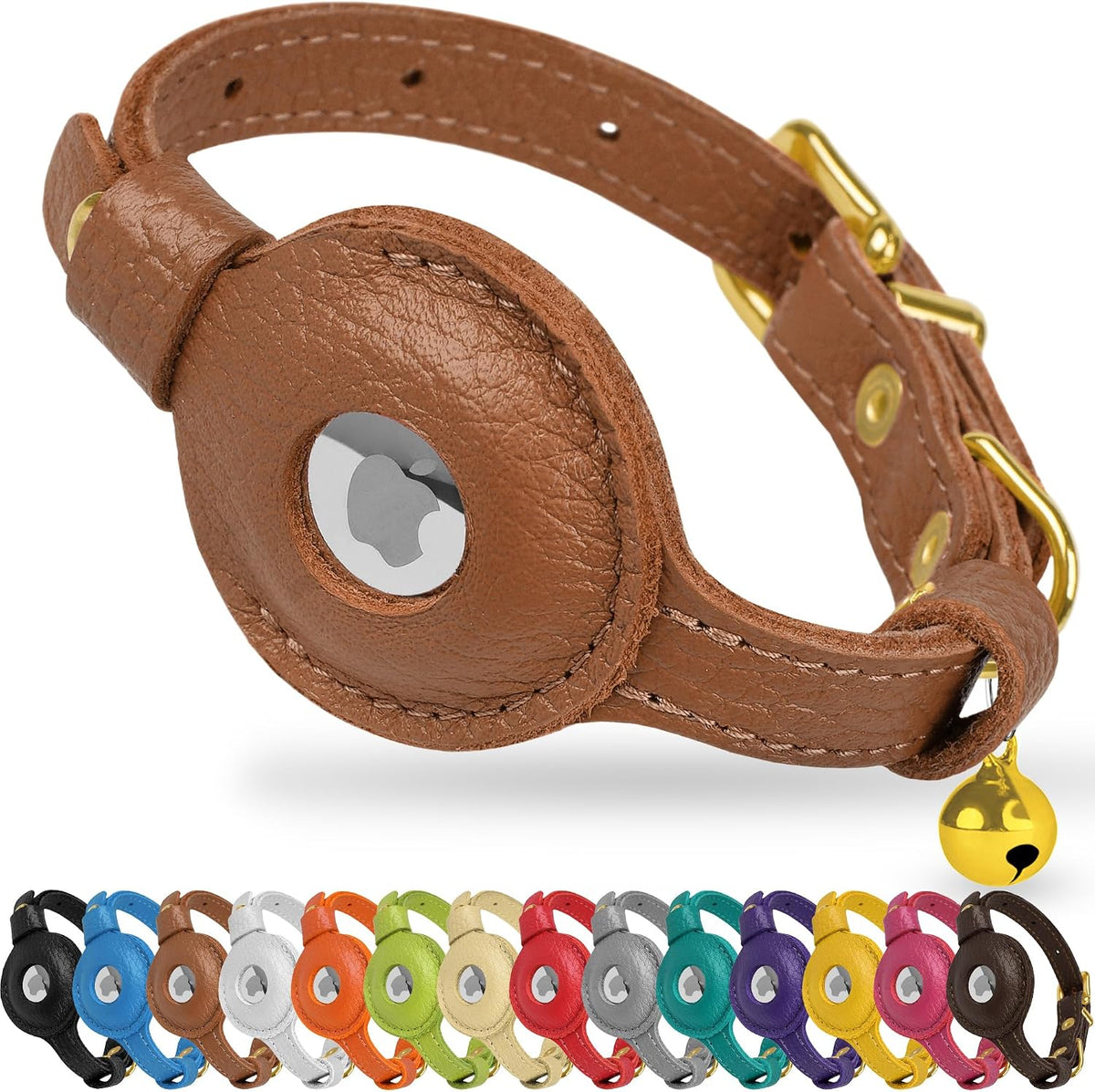 OOPSDOGGY Leather AirTag Cat Collar with Bell - Non Breakaway Kitten Collar with Apple Air Tag Holder - Lightweight GPS 