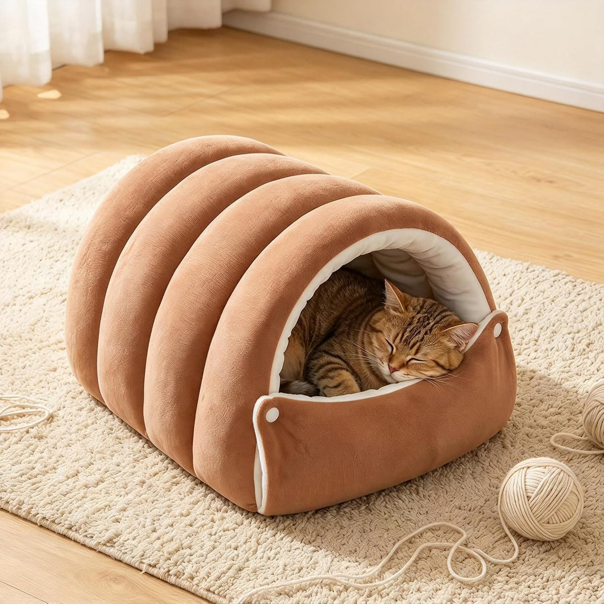 Hooded Cat Cave Bed with Removable Washable Cushion, Warm Plush，Green：M:18.9 x 11.8 x 7.9 inch