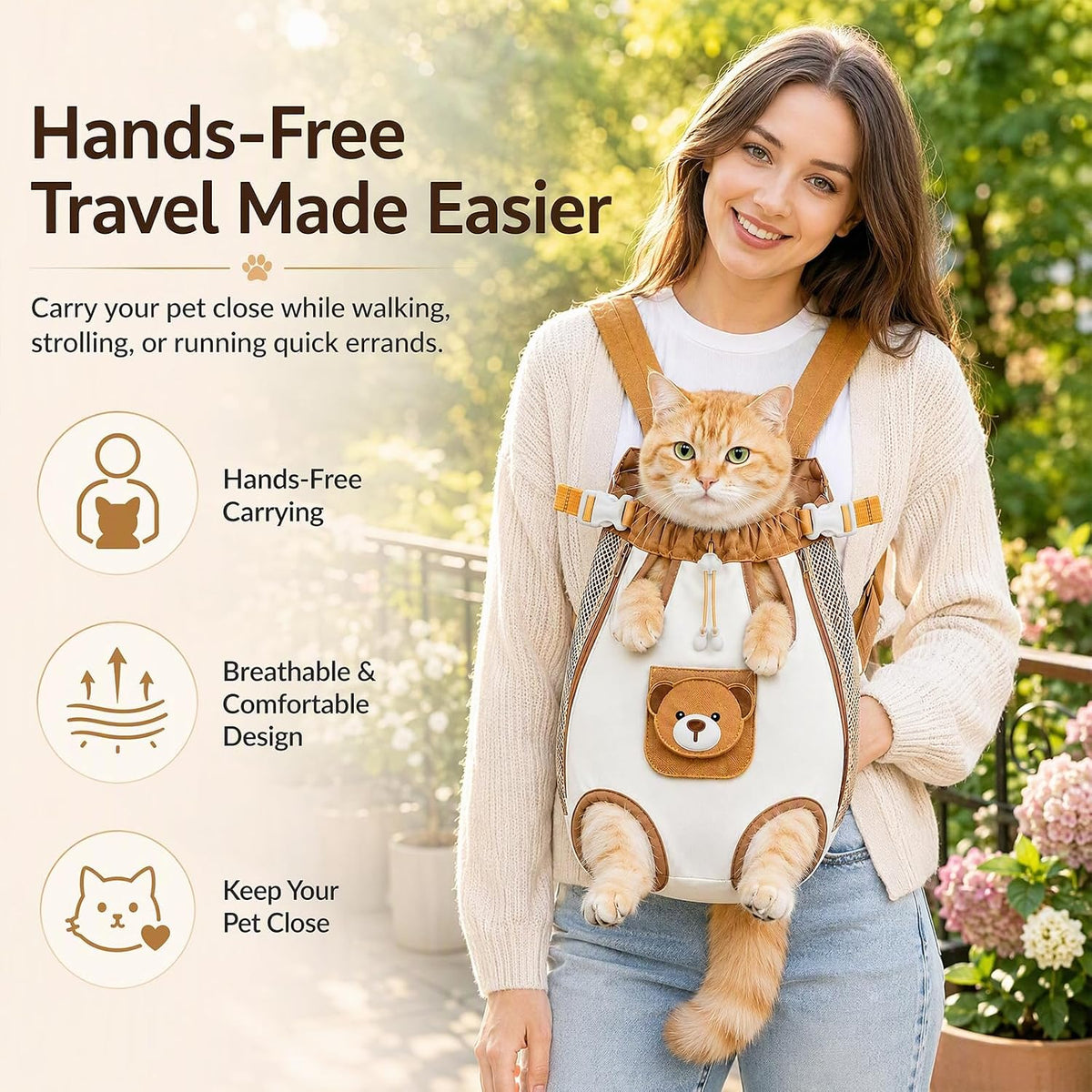 Cat Front Carrier Backpack, Hands-Free Pet Chest Carrier for Small Dog (S)