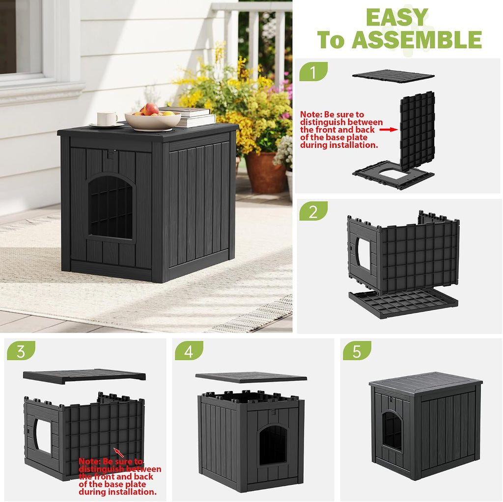 Outdoor Cat House Weatherproof, Resin Cat Houses for Outdoor Indoor Cats, Cat Box Enclosure, Cat Bed Easy to Assemble & 