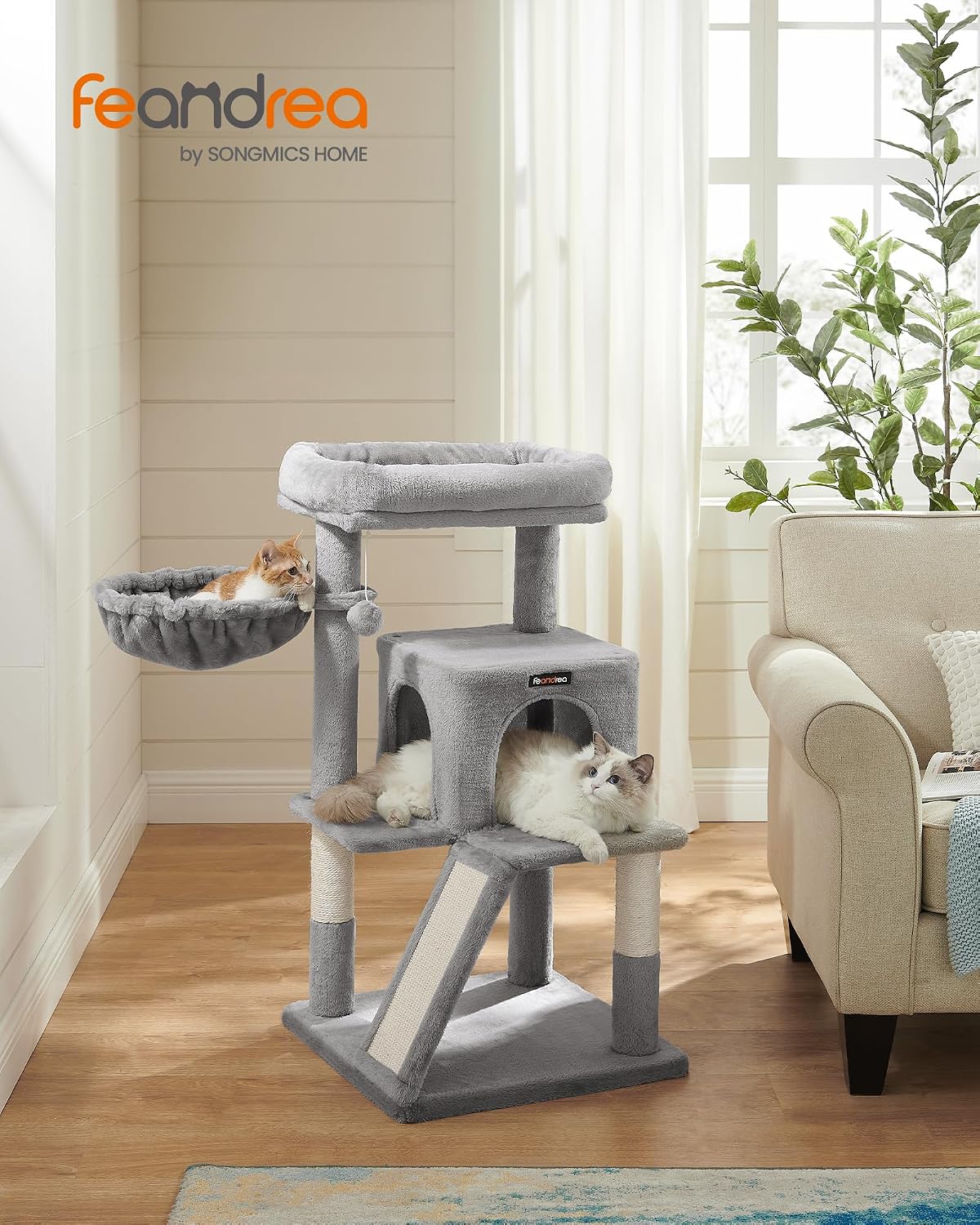 Feandrea Cat Tree, 37.8-Inch Tall Cat Tower, Multi-Level Condo, Light Gray