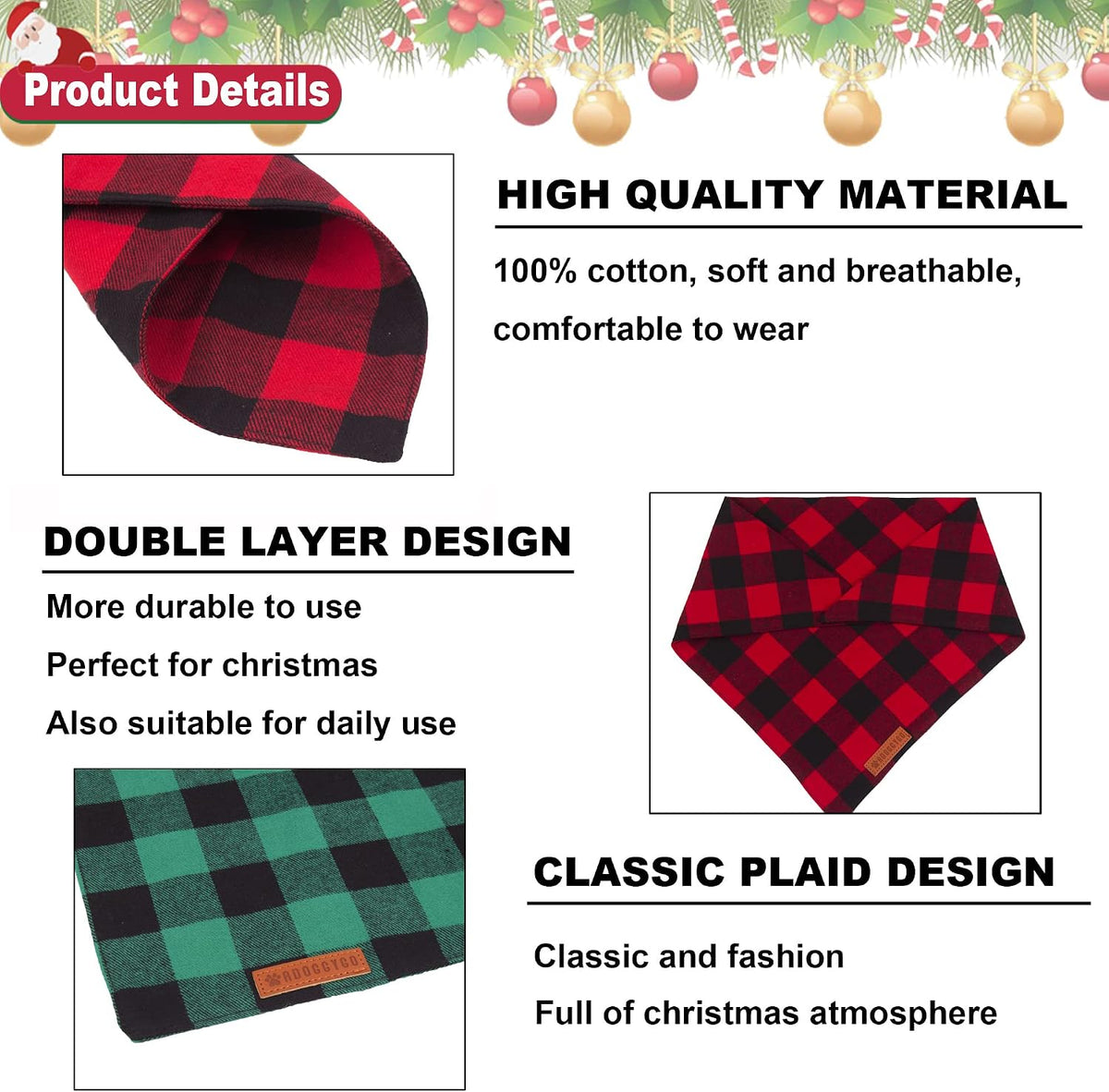 Fall Christmas Dog Bandanas, Plaid Dog Scarf, 4 Pack, Large