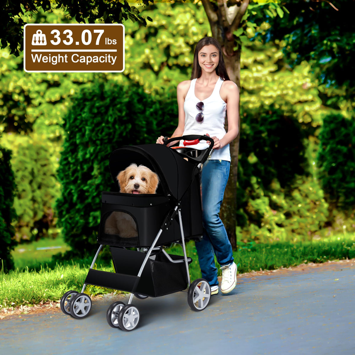 Azaeahom Foldable Pet Stroller 4 Wheels for Small Medium Dogs Cats,Black