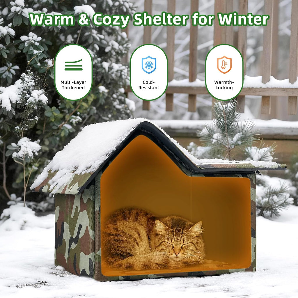 Outdoor Cat House Weatherproof, Large Feral Cat House for Winter, Collapsible Outdoor Cats Shelter with Door and Soft Ma