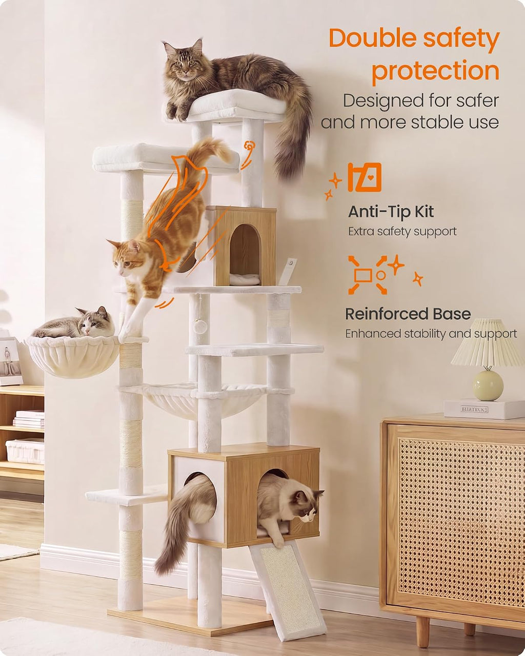 Feandrea Tall Cat Tree, 8-Tier Wood Tower with 2 Condos, Scratching Post