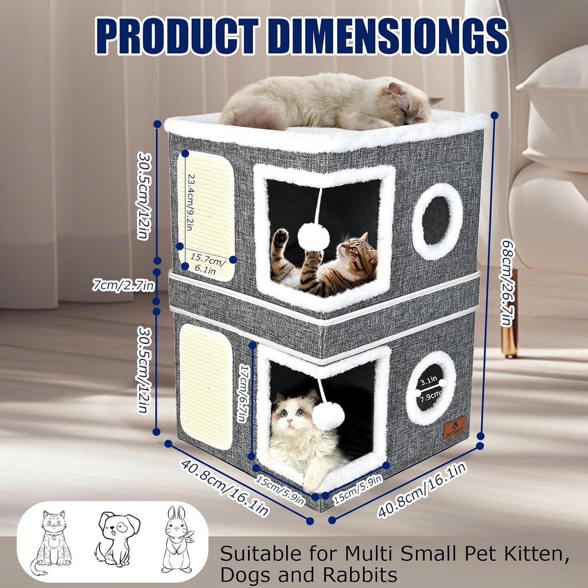 2-Story Cat House for Indoor Cats, Dual-Purpose Cave Bed with Scratch Pad and Fluffy Ball, Foldable Cat Hideaway, Cute C
