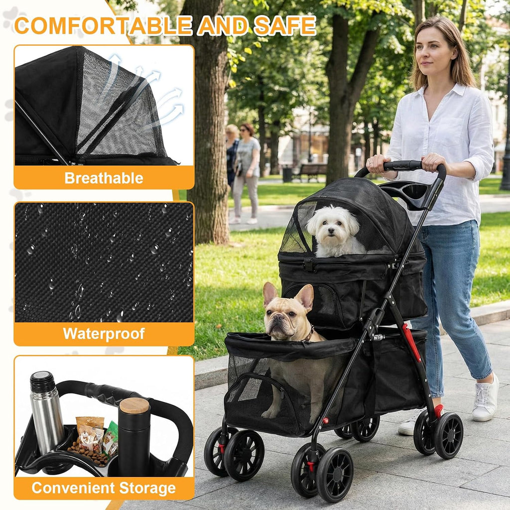 Double Pet Stroller for Small Cats and Dogs Foldable Kittens Puppies Travel Strolling Cart with Belts Cup Holder & Locka