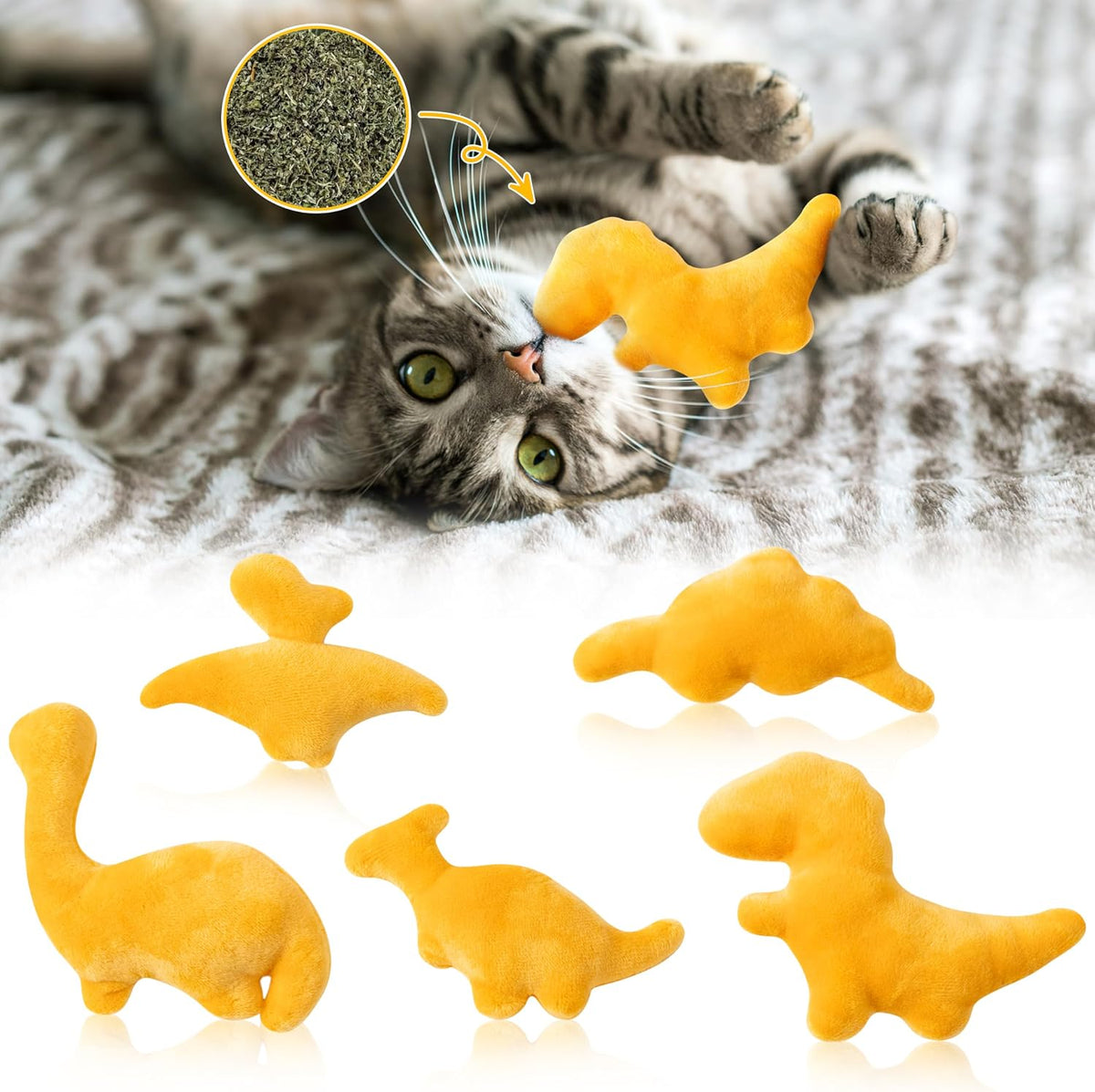 Catnip Toys for Cat - 5Pcs Dino Nuggets Cat Toy, Indoor Kitten Chew Bite Kick Dinosaur Chicken Nugget Catmint Interactiv