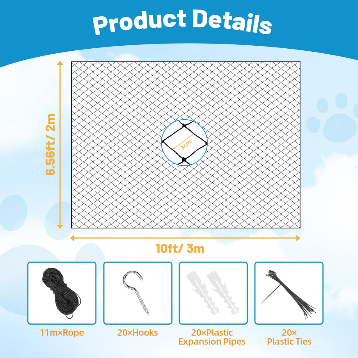 Lewondr 10x13ft Cat Netting Balcony Steel Wire Reinforced Pets Screen