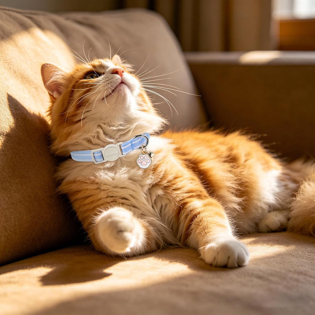 LIONET PAWS 2 Pack Breakaway Cat Collars, Cute Soft Cotton Plaid Gingham & Blue Stripe Kitten Collars with Bell for Boy 