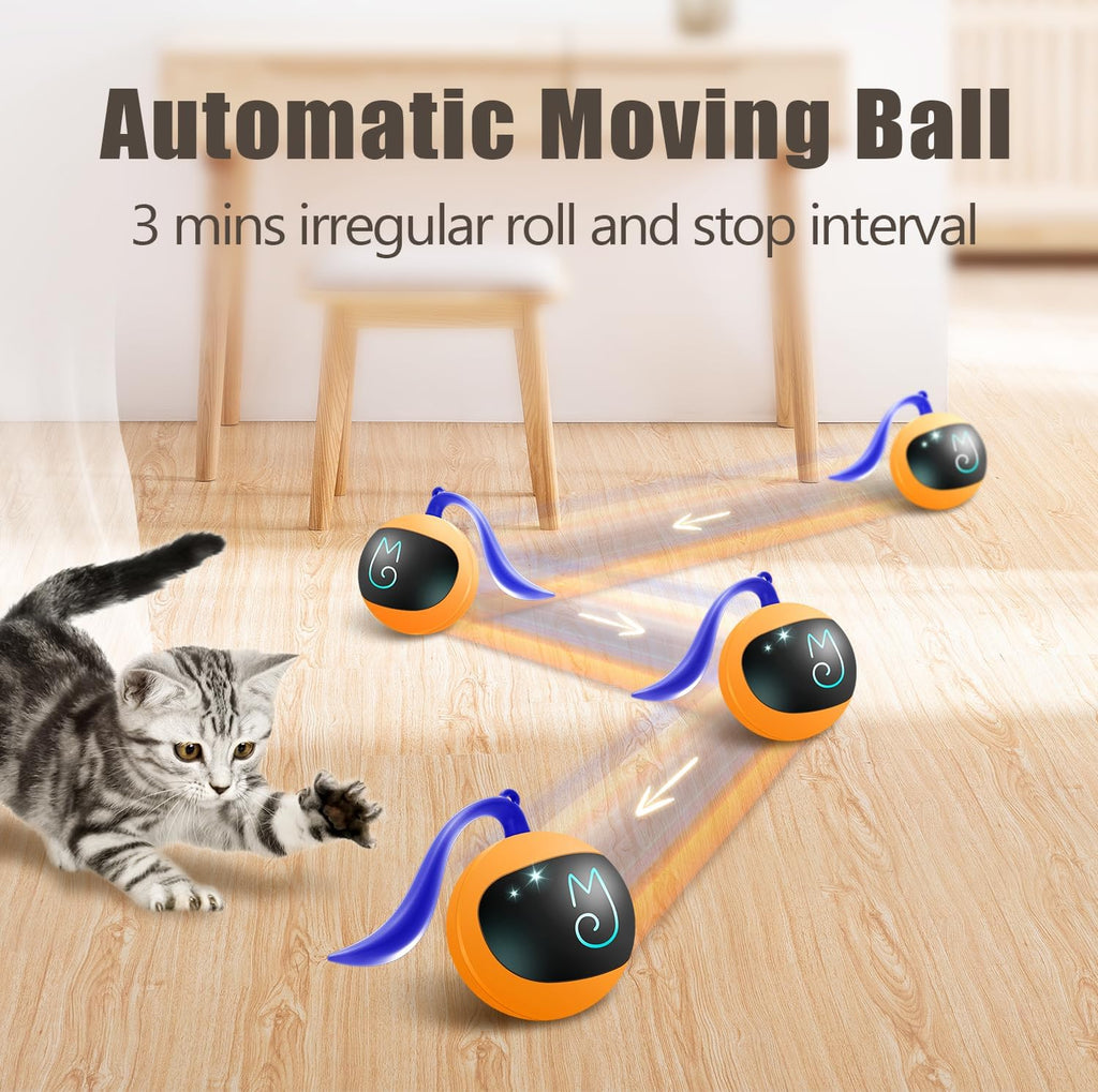 Migipaws Interactive Cat Ball Toy Set, Fun Tracker, Automatic Rolling Chase Ball with Fluffy Tail, A Small Mice, Recharg