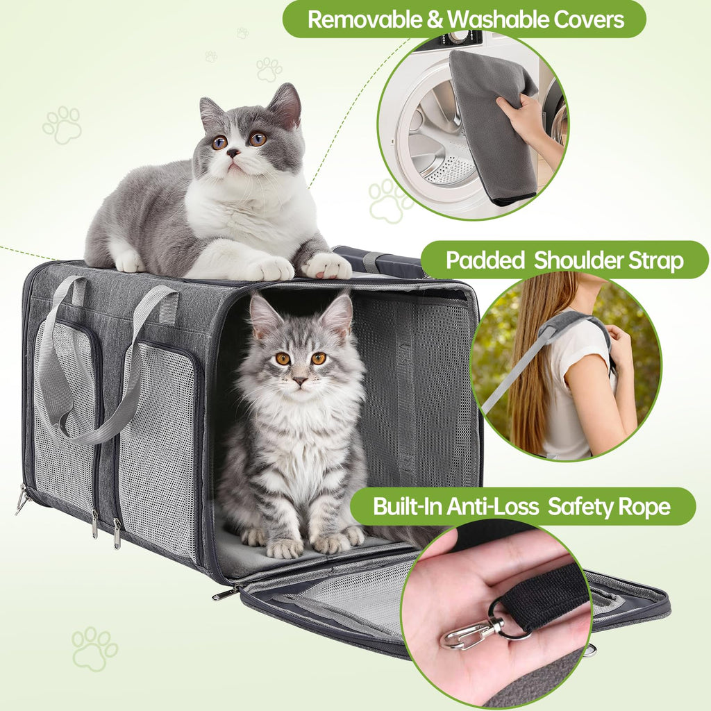 Cat Carrier for 2 Cats Double Pet Carrier Extra Large Multi Cat Travel Gray