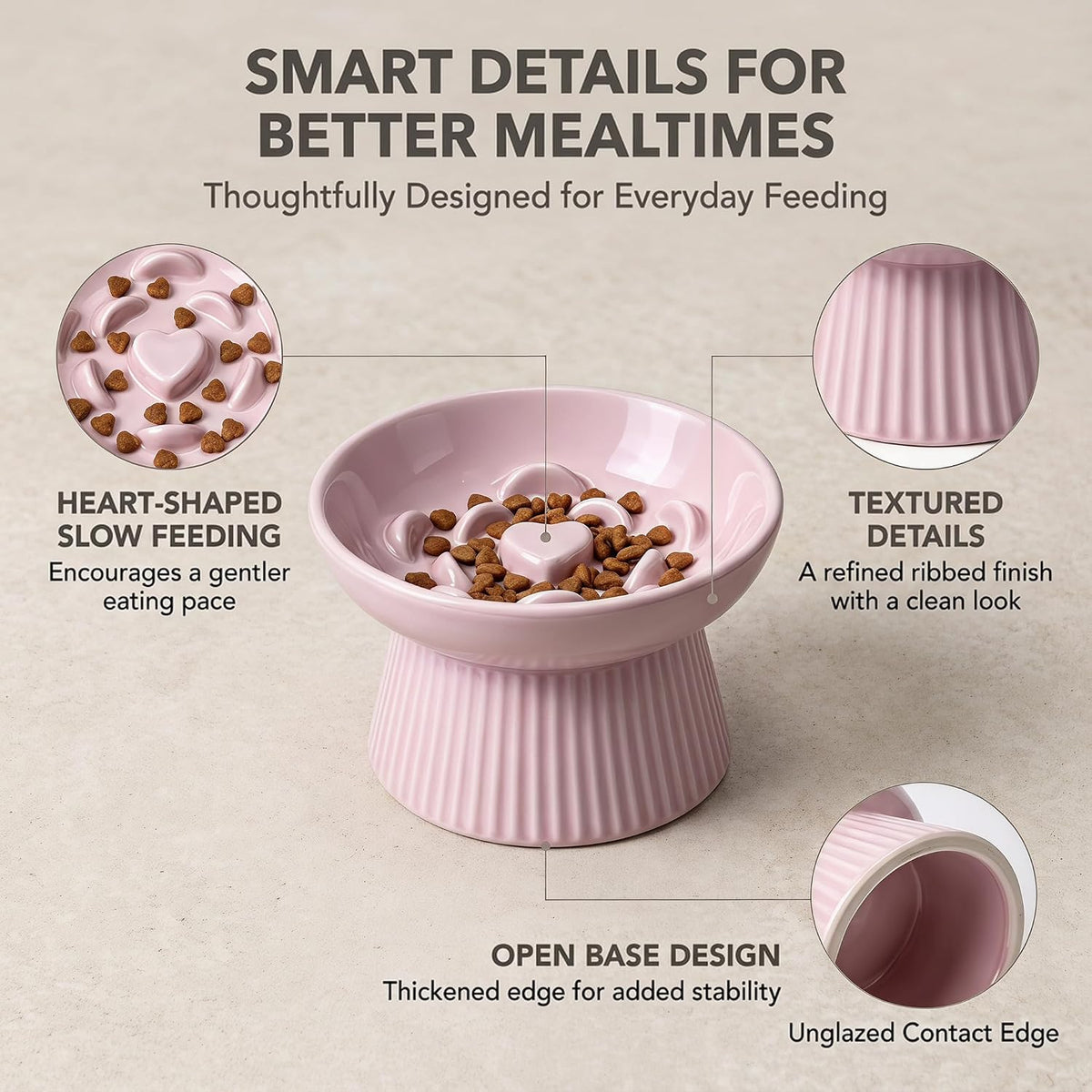 Elevated Slow Feeder Cat Bowl Ceramic Raised Feeder Pink